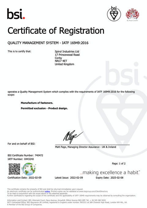 Spirol UK achieves IATF 16949 certification