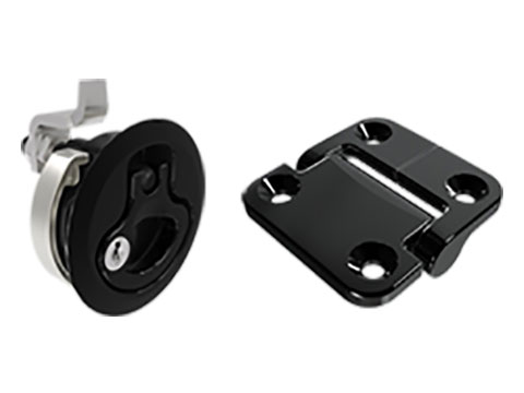 Compression latch and constant torque hinge for premium marine applications